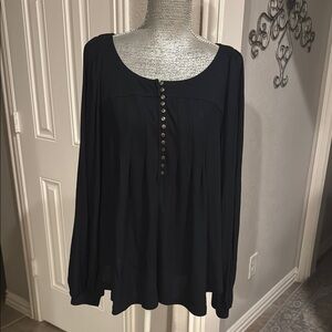 Free People Devin Ribbed Black Long Sleeve‎ Buttoned Blouse